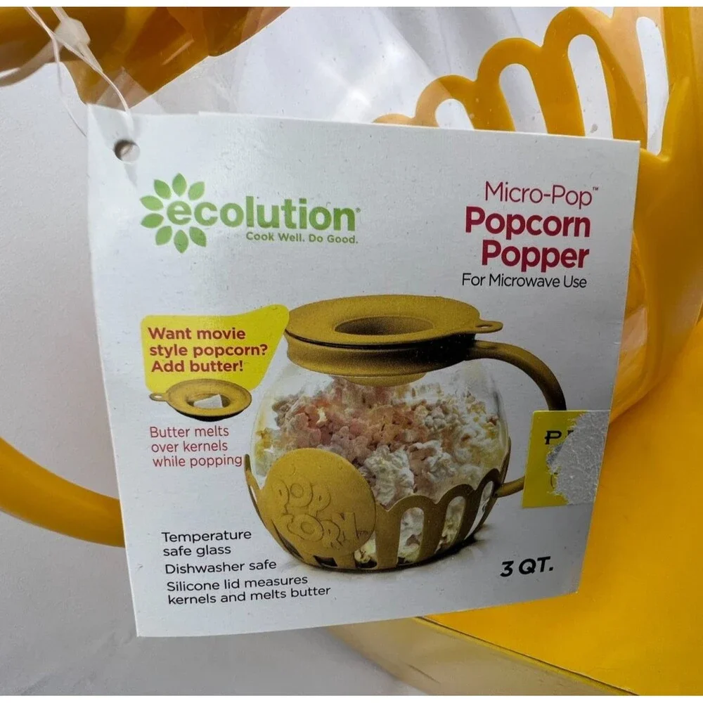 Ecolution Micro-Pop Popcorn Popper 3Qt Yellow GLASS Microwave BPA Free